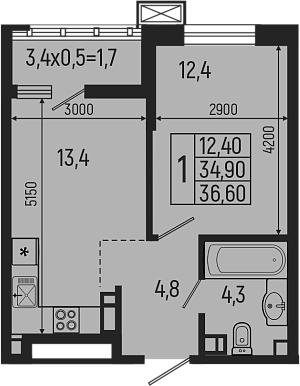 2-комн. квартира, 34.9 м² в ЖК Звезды — фото 2