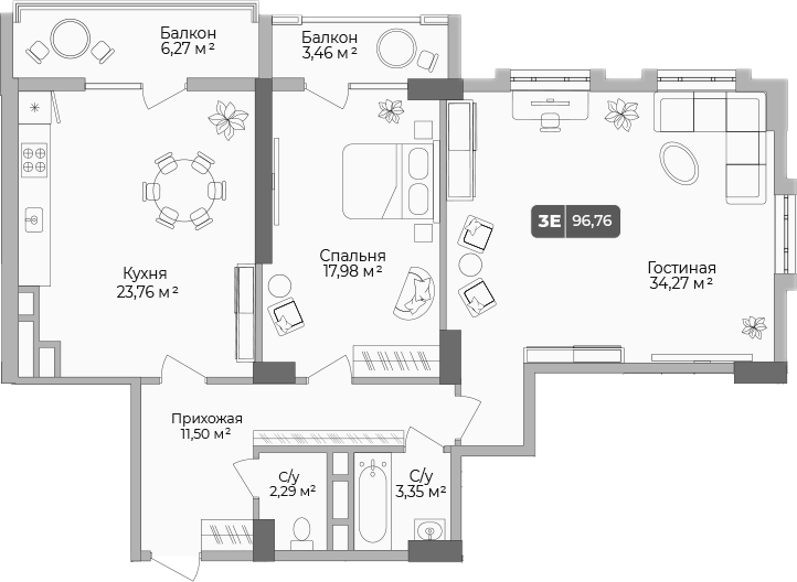 2-комн. квартира, 93.84 м² в ЖК Золотой берег. СЗ Среда — фото 2