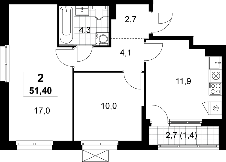 2-комн., 50 м², 6/16 этаж, ЖК «Прокшино»