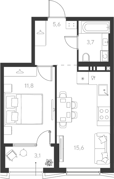 1-комн., 36.7 м², 4/9 этаж, ЖК «Ридз»