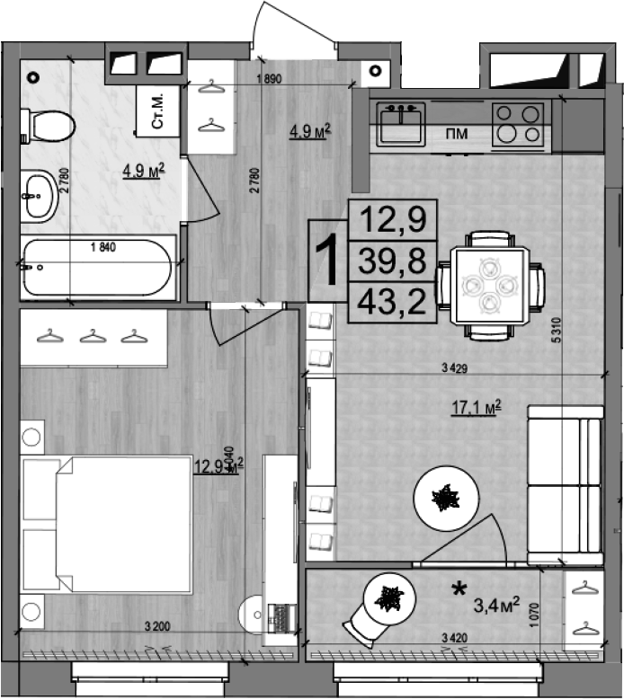 2-комн., 39.8 м², 18/18 этаж, ЖК «Гранд Комфорт»