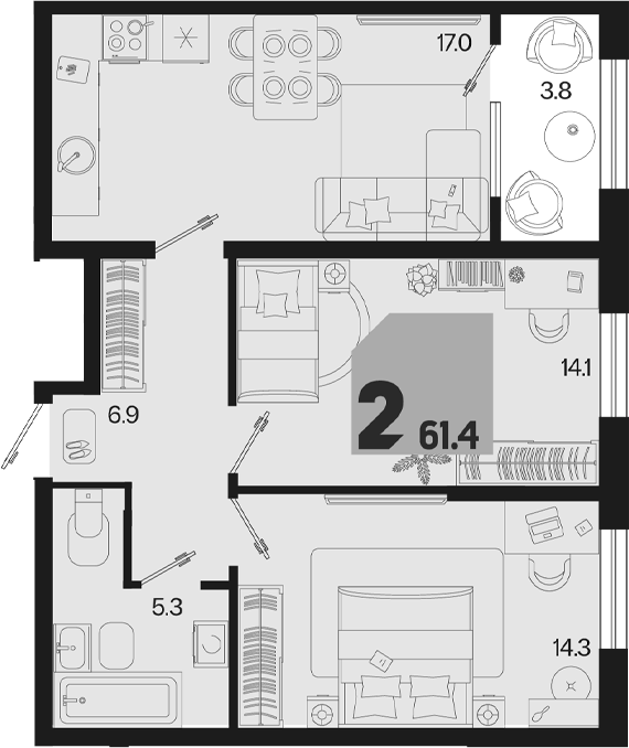 3-комн. квартира, 57.6 м² в ЖК Первое место — фото 2