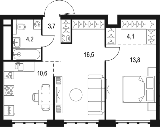 2-комн., 52.9 м², 46/49 этаж, ЖК «Левел Южнопортовая»