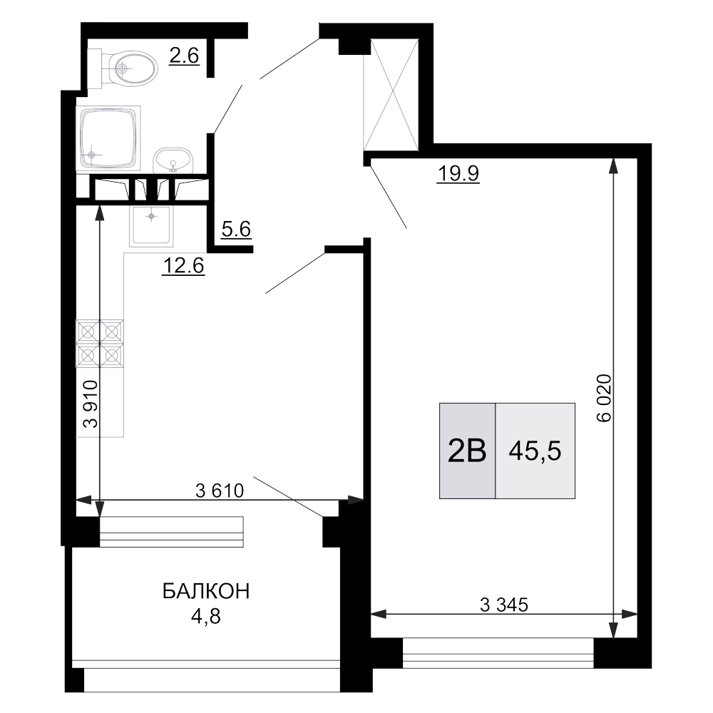 2-комн., 40.7 м², 7/9 этаж, ЖК «Гостиничный комплекс Мореград»