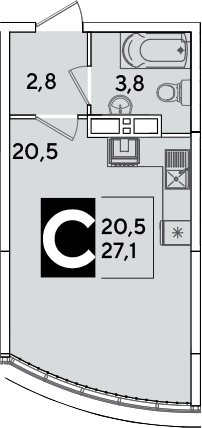 Студия квартира, 27.1 м² в ЖК Самолет — фото 3