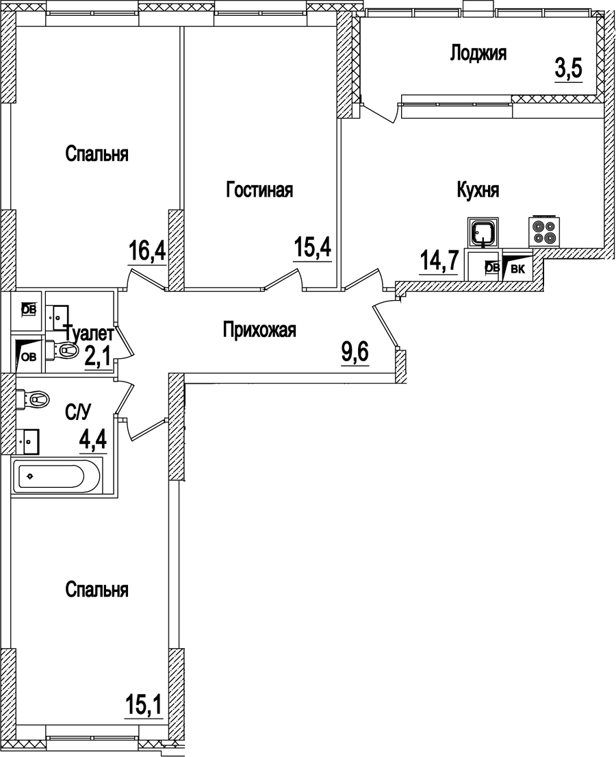 3-комн., 77.7 м², 19/22 этаж, ЖК «Рассказово»