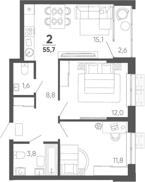2-комн. квартира, 53.1 м² в ЖК Барса — фото 2