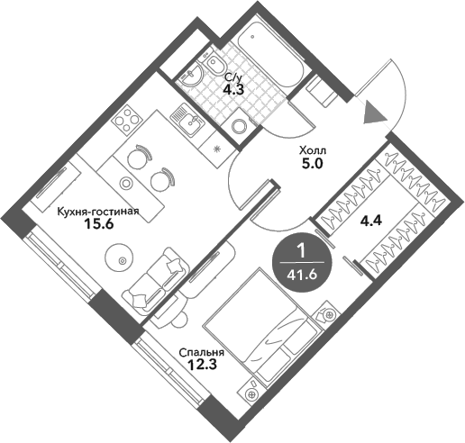2-комн., 41.6 м², 14/18 этаж, ЖК «Воксхолл»