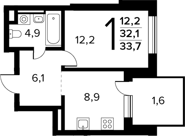 1-комн., 32.1 м², 1/14 этаж, ЖК «Новые Ватутинки Квартал у реки»