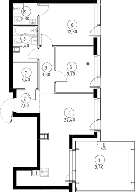 3-комн., 62.1 м², 53/59 этаж, ЖК «Веер»