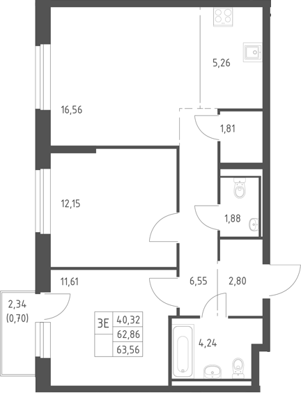 3-комн., 62.86 м², 8/17 этаж, ЖК «Горки Парк»