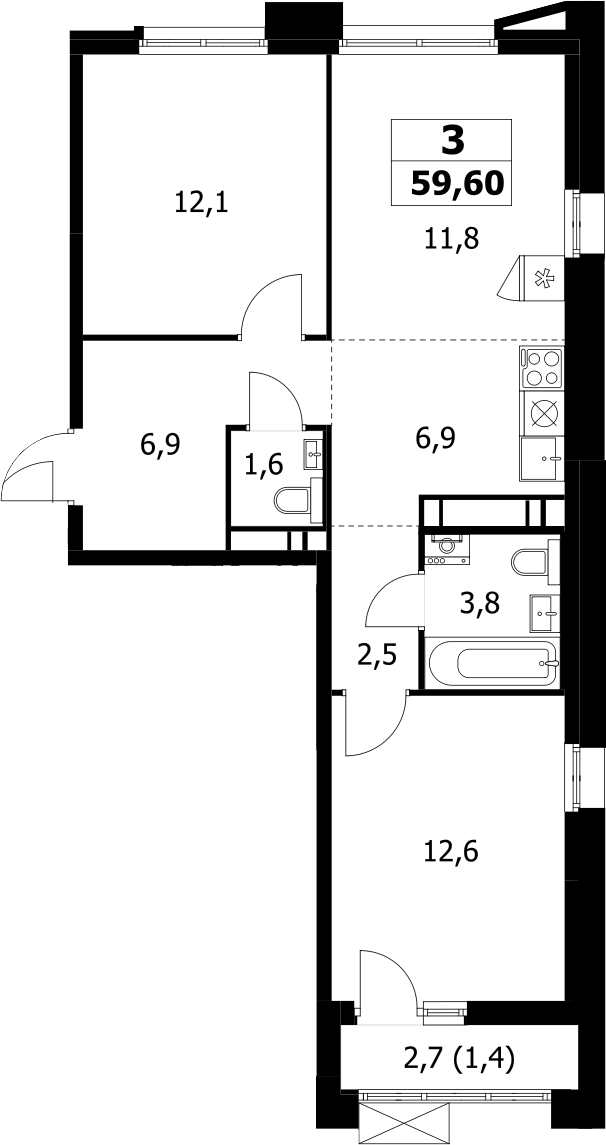 3-комн., 58.3 м², 17/17 этаж, ЖК «Прокшино»