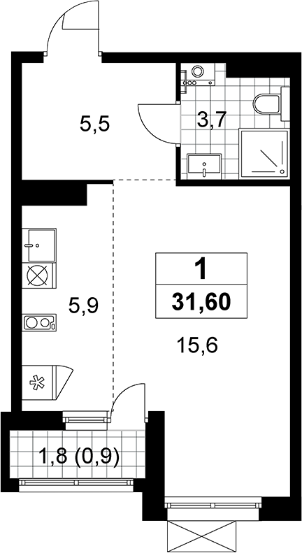 Студия, 30.7 м², 12/15 этаж, ЖК «Прокшино»