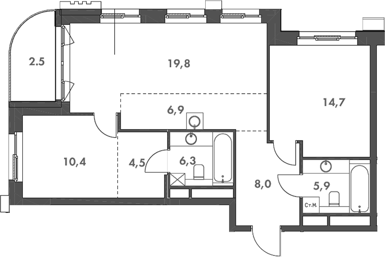 3-комн., 76.5 м², 12/19 этаж, ЖК «Родина Парк»