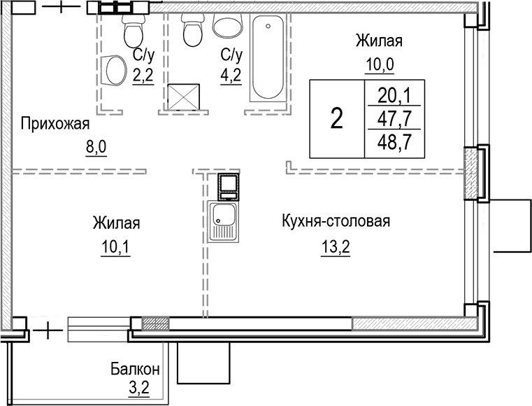 3-комн., 47.74 м², 9/9 этаж, ЖК «Лесная Отрада»