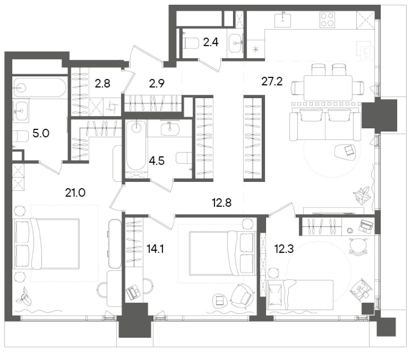 4+ комнаты, 105 м², 39/45 этаж, ЖК «СТОУН Грэйн»