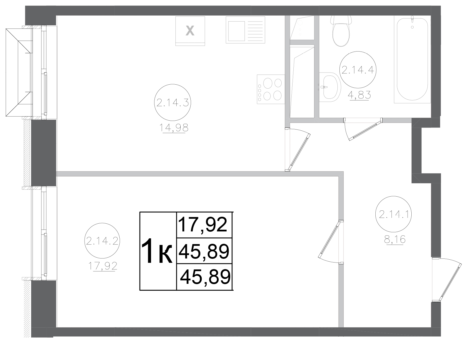 1-комн., 45.89 м², 8/17 этаж, ЖК «Авиатор-2»