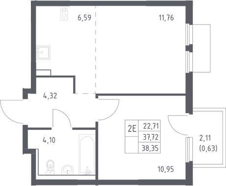 2-комн., 37.72 м², 12/17 этаж, ЖК «Пригород Лесное»