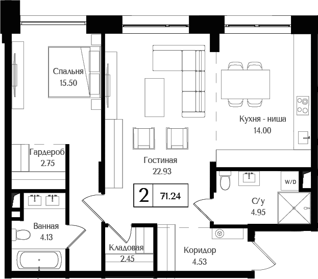 2-комн., 71.24 м², 14/17 этаж, ЖК «Преображенская площадь»