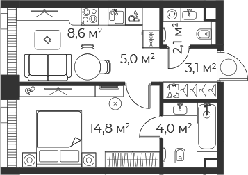 2-комн., 37.6 м², 55/71 этаж, ЖК «Веер»