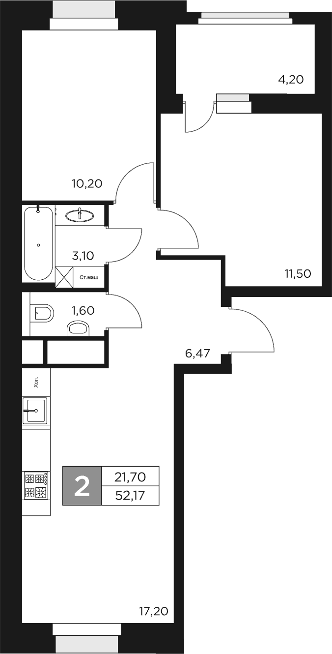 3-комн., 50.07 м², 5/17 этаж, ЖК «Восток 2»