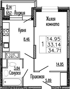 1-комн., 34.23 м², 8/9 этаж, ЖК «Клевер»