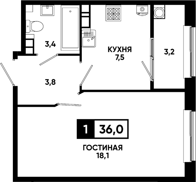 1-комн., 32.8 м², 9/12 этаж, ЖК «Кварталы 17/77»