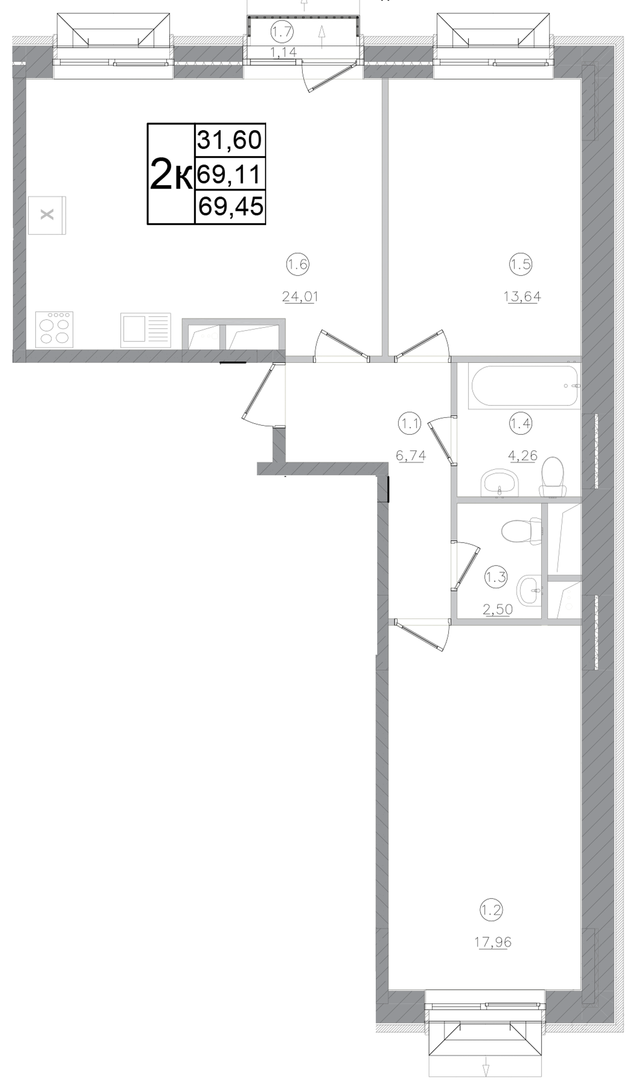 2-комн., 69.11 м², 2/5 этаж, ЖК «Авиатор-2»