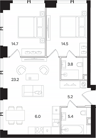3-комн., 72.8 м², 12/42 этаж, ЖК «АУРА»