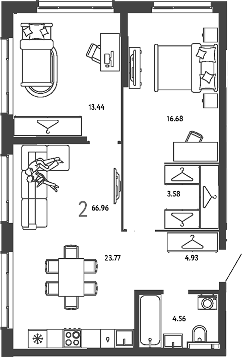 2-комн., 66.96 м², 7/25 этаж, ЖК «Страна.Парковая»