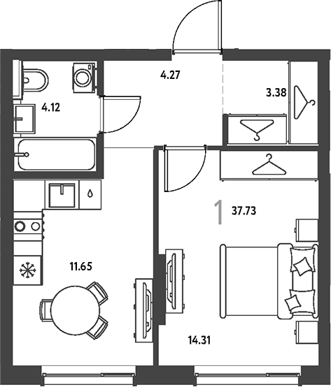 1-комн., 37.73 м², 4/16 этаж, ЖК «Страна.Парковая»
