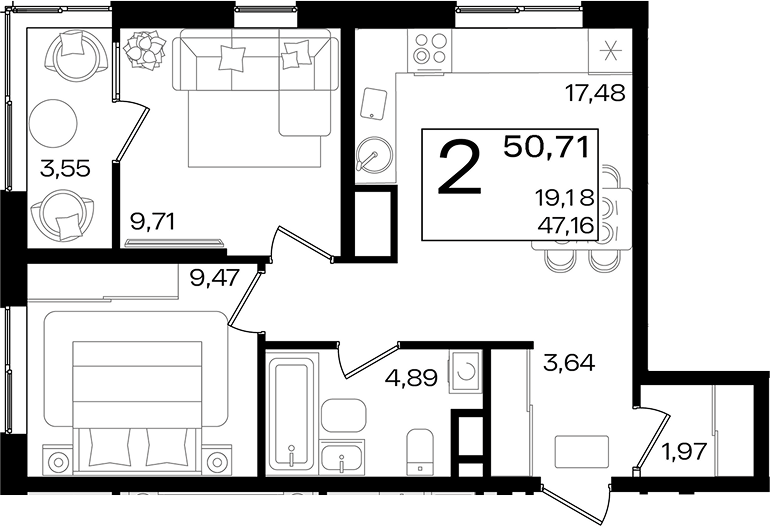 3-комн. квартира, 47.16 м² в ЖК Патрики — фото 2