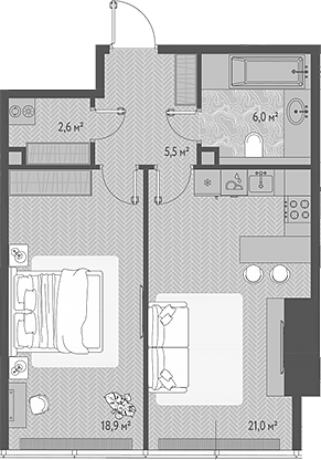 2-комн., 54 м², 55/90 этаж, ЖК «ОНЕ»