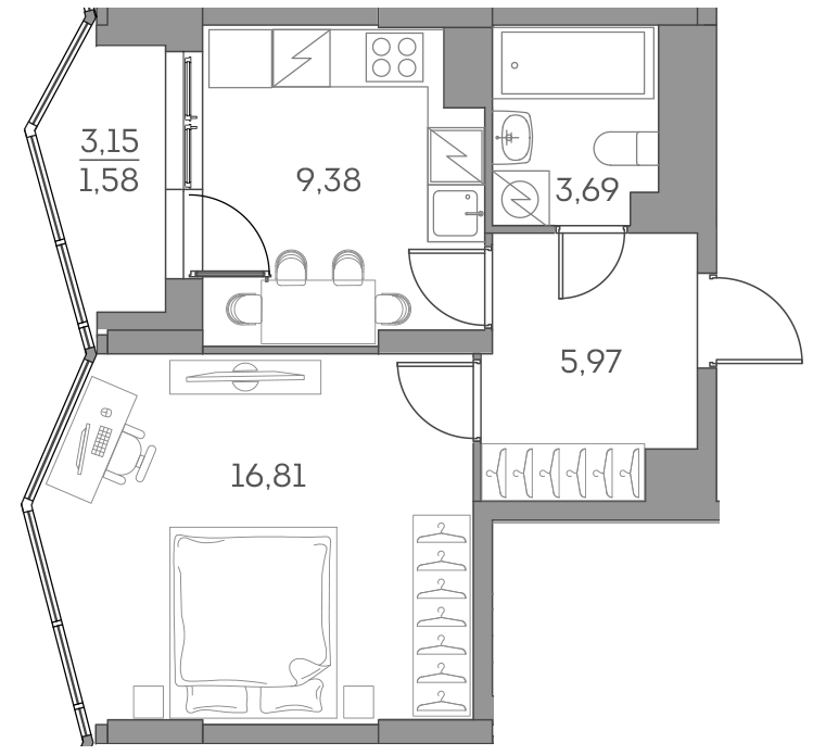 1-комн., 35.85 м², 23/28 этаж, ЖК «Аквилон БИСАЙД 2.0»