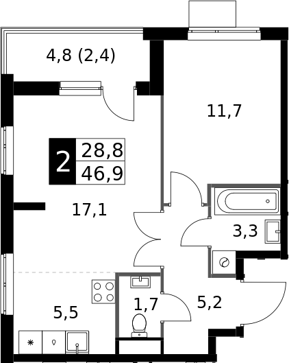 2-комн., 44.5 м², 16/24 этаж, ЖК «1-й Измайловский»