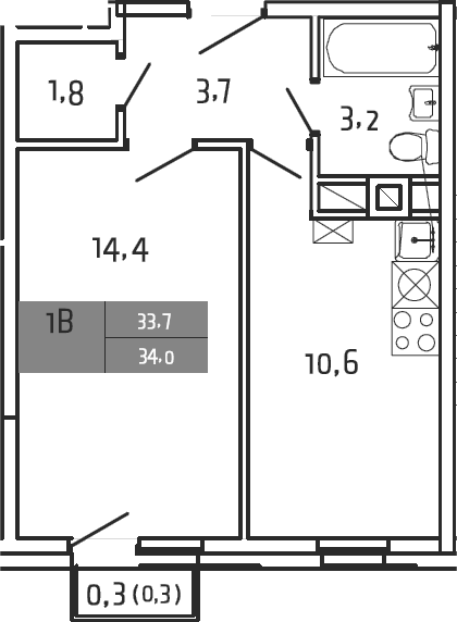 1-комн., 33.7 м², 4/4 этаж, ЖК «Южная Долина»