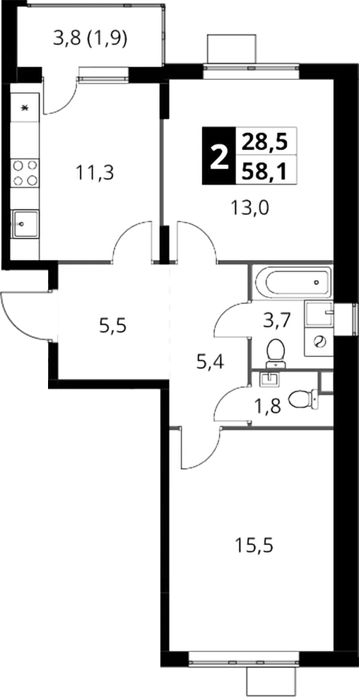 2-комн., 56.2 м², 16/17 этаж, ЖК «1-й Шереметьевский»