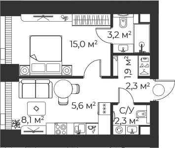 2-комн., 38.3 м², 4/71 этаж, ЖК «Веер»
