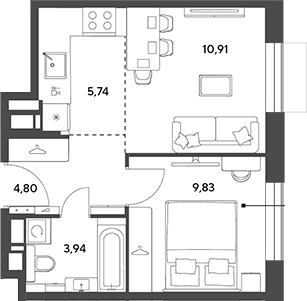 2-комн., 35.22 м², 3/15 этаж, ЖК «Публицист»