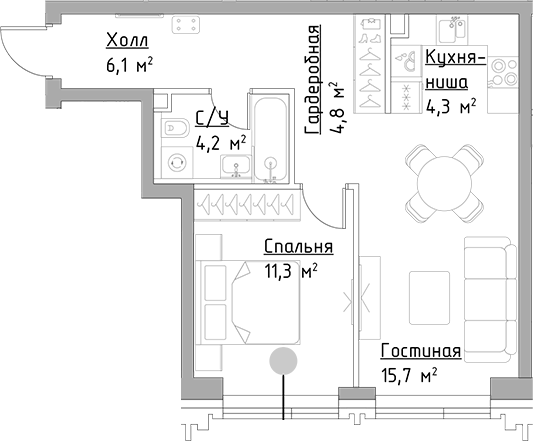 2-комн., 46.4 м², 31/45 этаж, ЖК «Левел Павелецкая Сити»