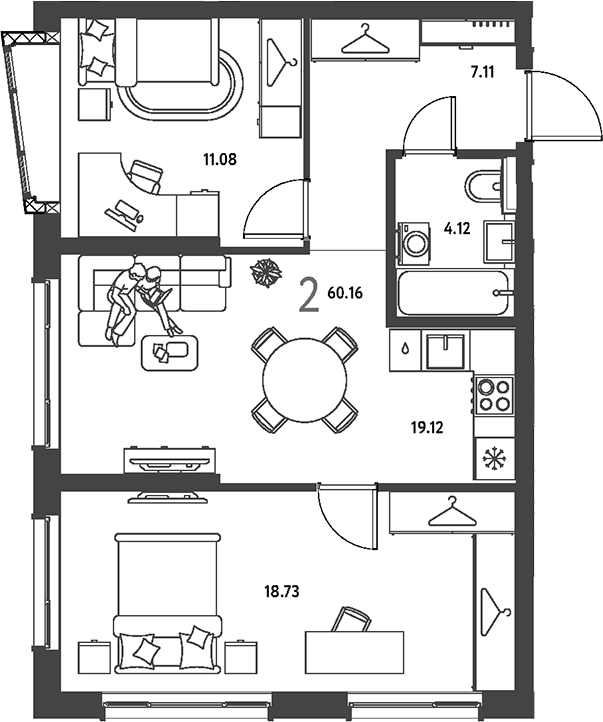2-комн., 60.16 м², 7/16 этаж, ЖК «Страна.Парковая»
