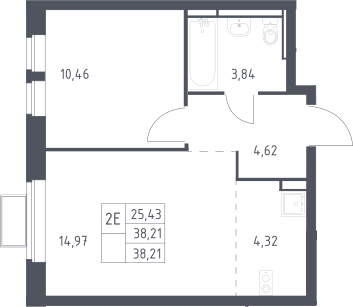 2-комн., 38.21 м², 11/12 этаж, ЖК «Новое Видное»