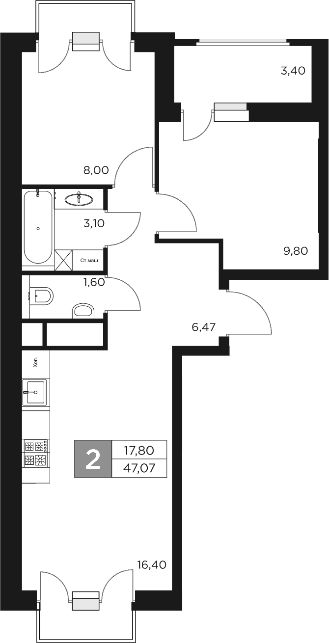 3-комн., 45.37 м², 17/17 этаж, ЖК «Восток 2»