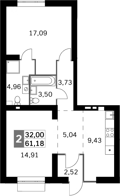 2-комн., 61.18 м², 1/4 этаж, ЖК «Жаворонки Клаб»