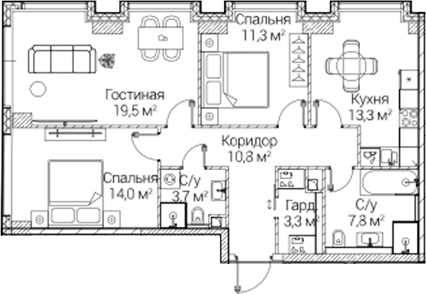 3-комн., 83.7 м², 12/41 этаж, ЖК «СЕЗАР БУДУЩЕЕ»