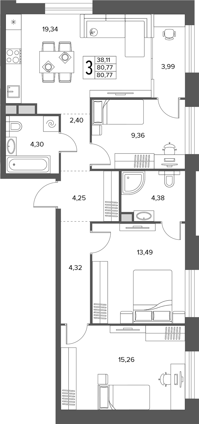 4+ комнаты, 80.77 м², 2/18 этаж, ЖК «Городской бор»