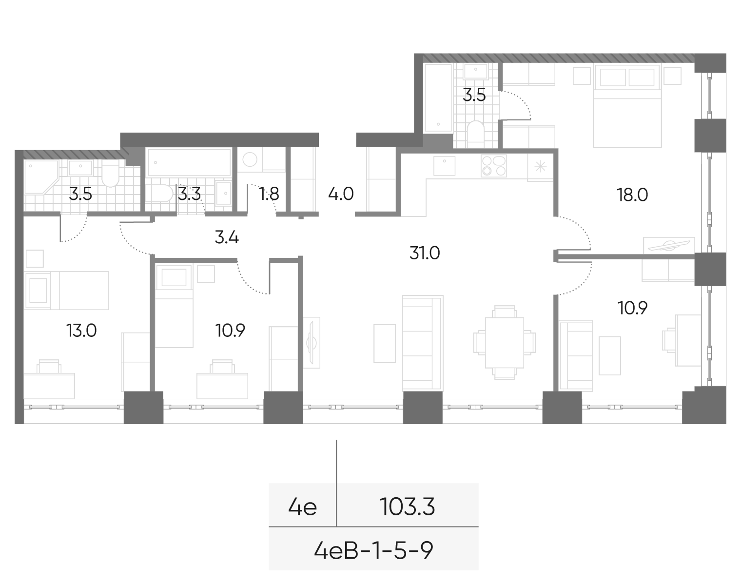 4+ комнаты, 103.3 м², 10/29 этаж, ЖК «Вейв»