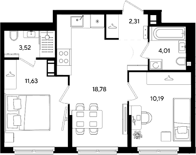 3-комн., 50.44 м², 3/8 этаж, ЖК «Парк Победы 3»