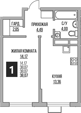 1-комн., 38.07 м², 13/16 этаж, ЖК «Гранель Алексеевская роща»