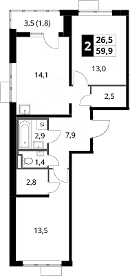 2-комн., 58.1 м², 19/24 этаж, ЖК «1-й Донской»